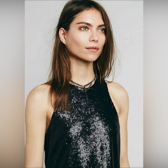 FREE‎ PEOPLE Liquid Shine Mini Dress Black Sequins Drop Waist M - Picture 10 of 15